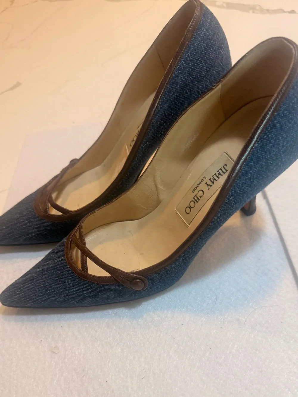 Jimmy Choo Denim Pointed-Toe Pumps with Brown Trim